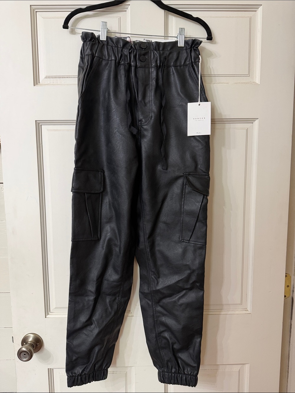 KanCan Black Faux Leather Cargo Joggers